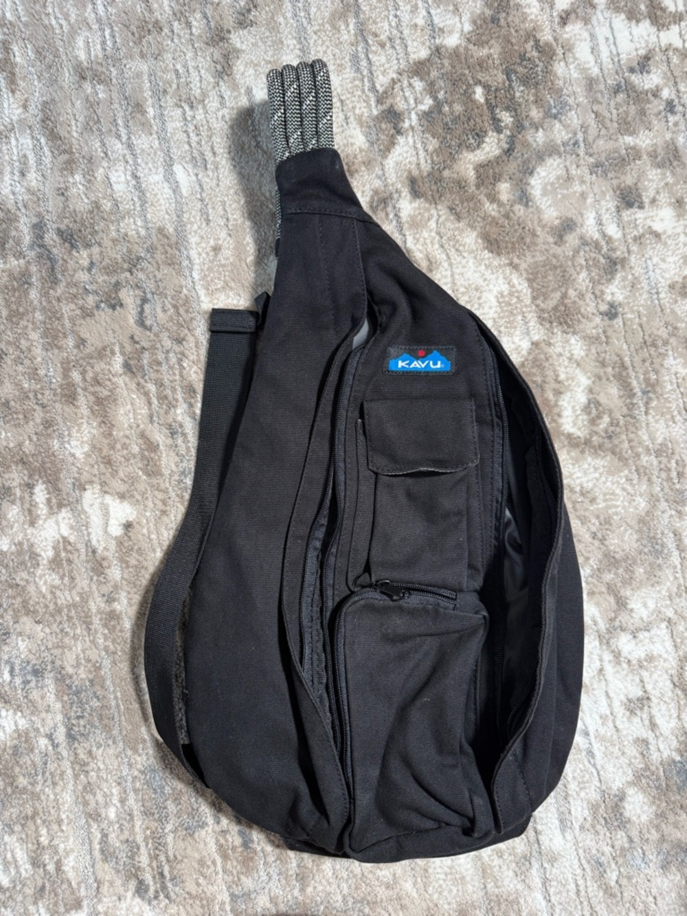 Kavu Black Rope-Handle Sling Pack with Blue Logo
